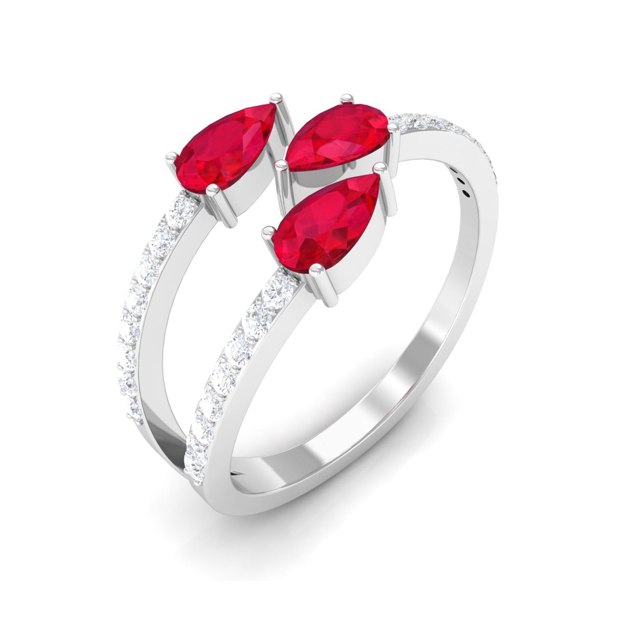 3 Stone Pear Shape Created Ruby Wrap Ring with Diamond Lab Created Ruby - ( AAAA ) - Quality - Rosec Jewels
