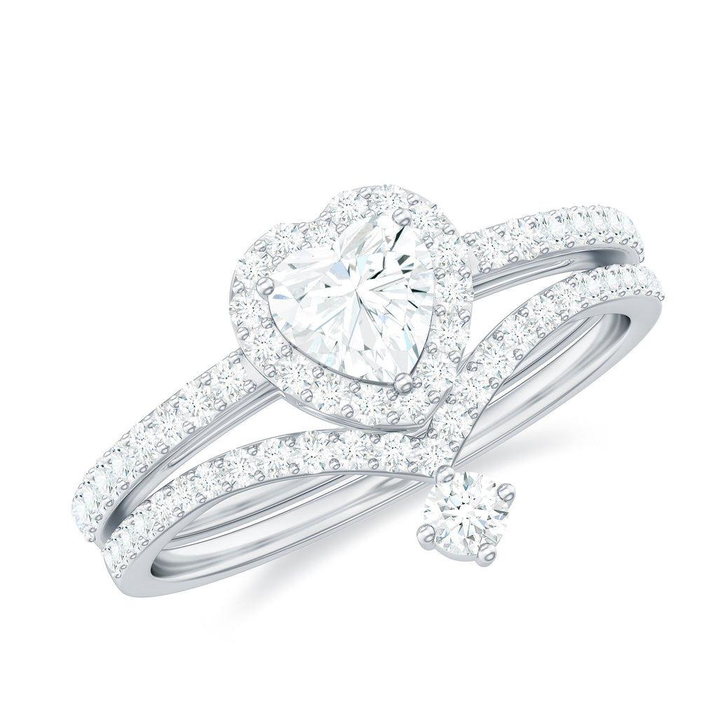 Cubic Zirconia Heart Ring Set with V Shape Band Zircon - ( AAAA ) - Quality - Rosec Jewels