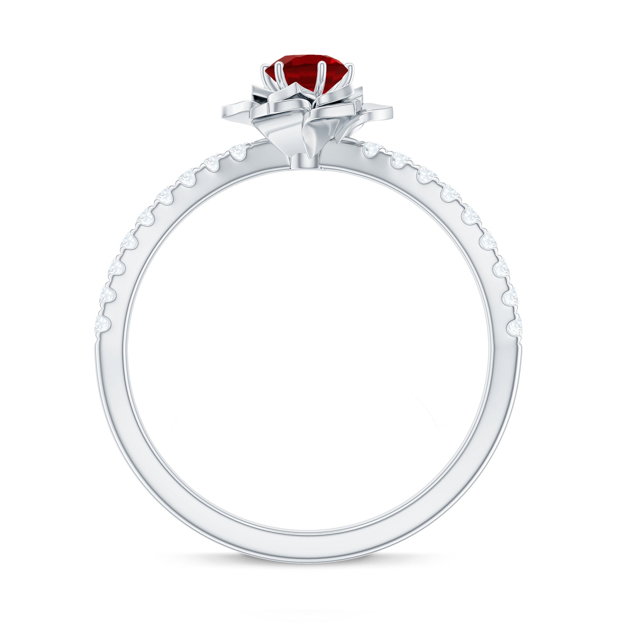 Lab-Created Ruby Flower Engagement Ring with Diamond Lab Created Ruby - ( AAAA ) - Quality - Rosec Jewels