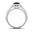 Cushion Cut Solitaire Created Black Diamond and Diamond Floral Engagement Ring Lab Created Black Diamond - ( AAAA ) - Quality - Rosec Jewels