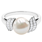 Elegant Freshwater Pearl Solitaire Ring with Diamond Accent Freshwater Pearl - ( AAA ) - Quality - Rosec Jewels